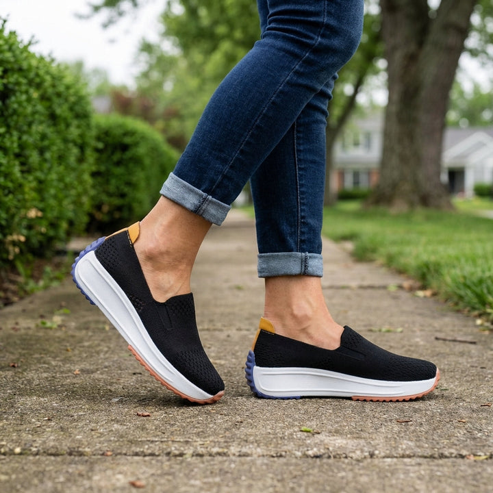 Easy-wear women's knit slip-on sneakers. Platform design offers orthopedic support & comfort for casual walking.