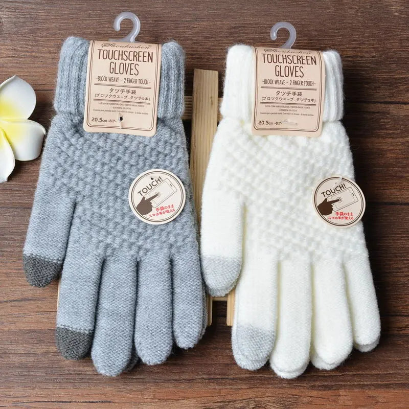 Modern women's knitted touchscreen gloves, stylish, super warm & functional for winter.