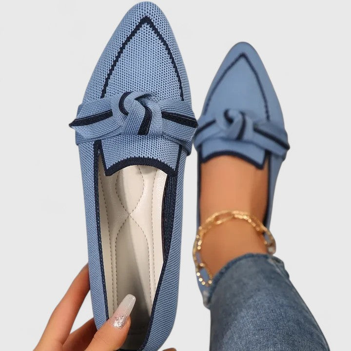 Comfortable slip-on women's flat loafers with a chic knot-front and pointed toe, ideal for office & casual.