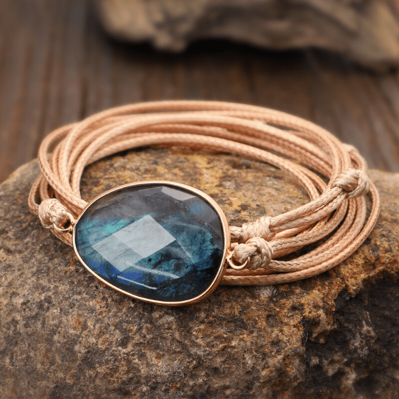 Multi-strand Labradorite rope wrap bracelet for women, showcasing iridescent stones. Stylish bohemian jewelry accessory.