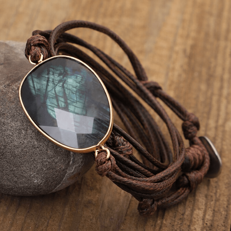 Elegant women's Labradorite rope wrap bracelet for intuition, a bohemian gemstone accessory enhancing spiritual balance.