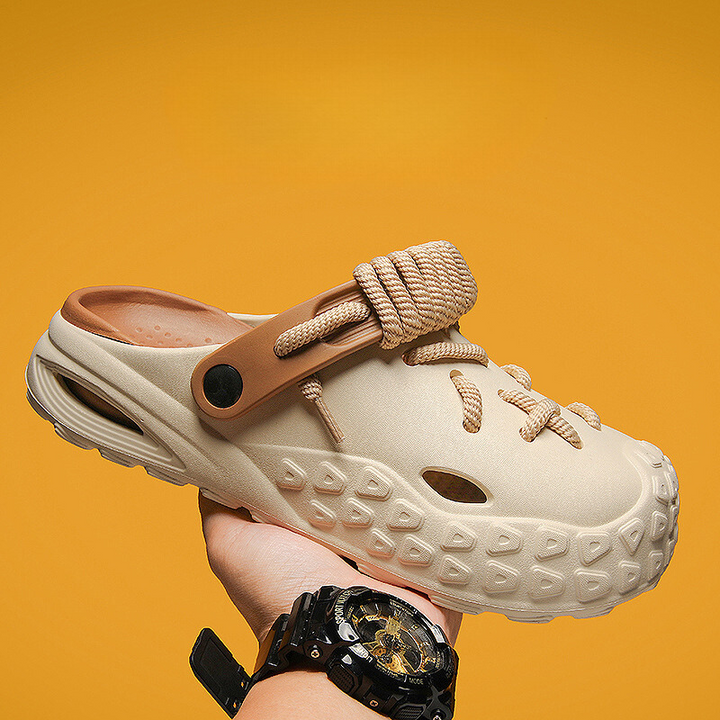 Fashionable women's laced clogs, breathable design, comfortable summer footwear, easy slip-on style.