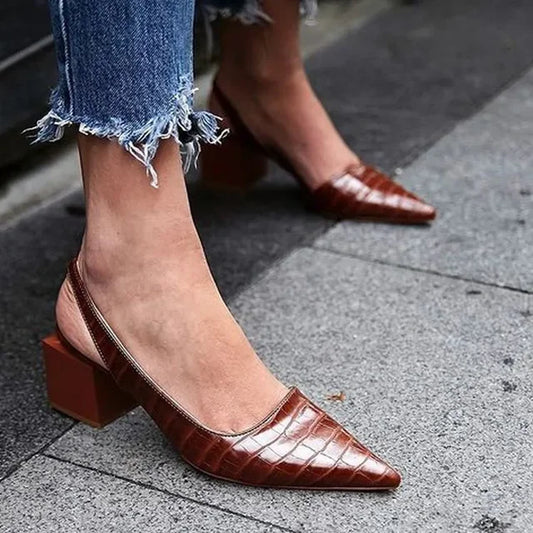 Women's Lara orthopedic brown croco-pattern chunky heels with pointed toe & slingback for stylish comfort.
