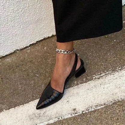 Black Lara orthopedic croco-pattern heels, chunky & pointed toe. Ideal comfort dress shoes for work or formal events.