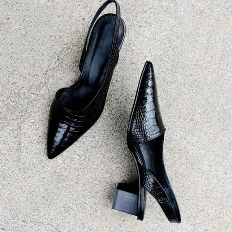 Brown Lara orthopedic croco-pattern work heels, stylish chunky design with pointed toe for all-day comfort.