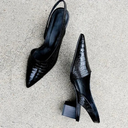 Brown Lara orthopedic croco-pattern work heels, stylish chunky design with pointed toe for all-day comfort.