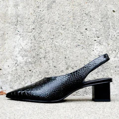 Stylish women's black croco-pattern chunky heels. Lara orthopedic dress pumps with pointed toe for ultimate comfort.