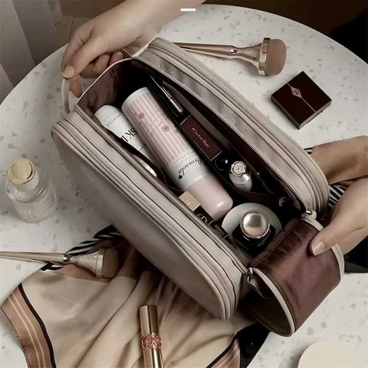Waterproof and durable LuxeVault cosmetic organizer, perfect for women's beauty storage and travel.