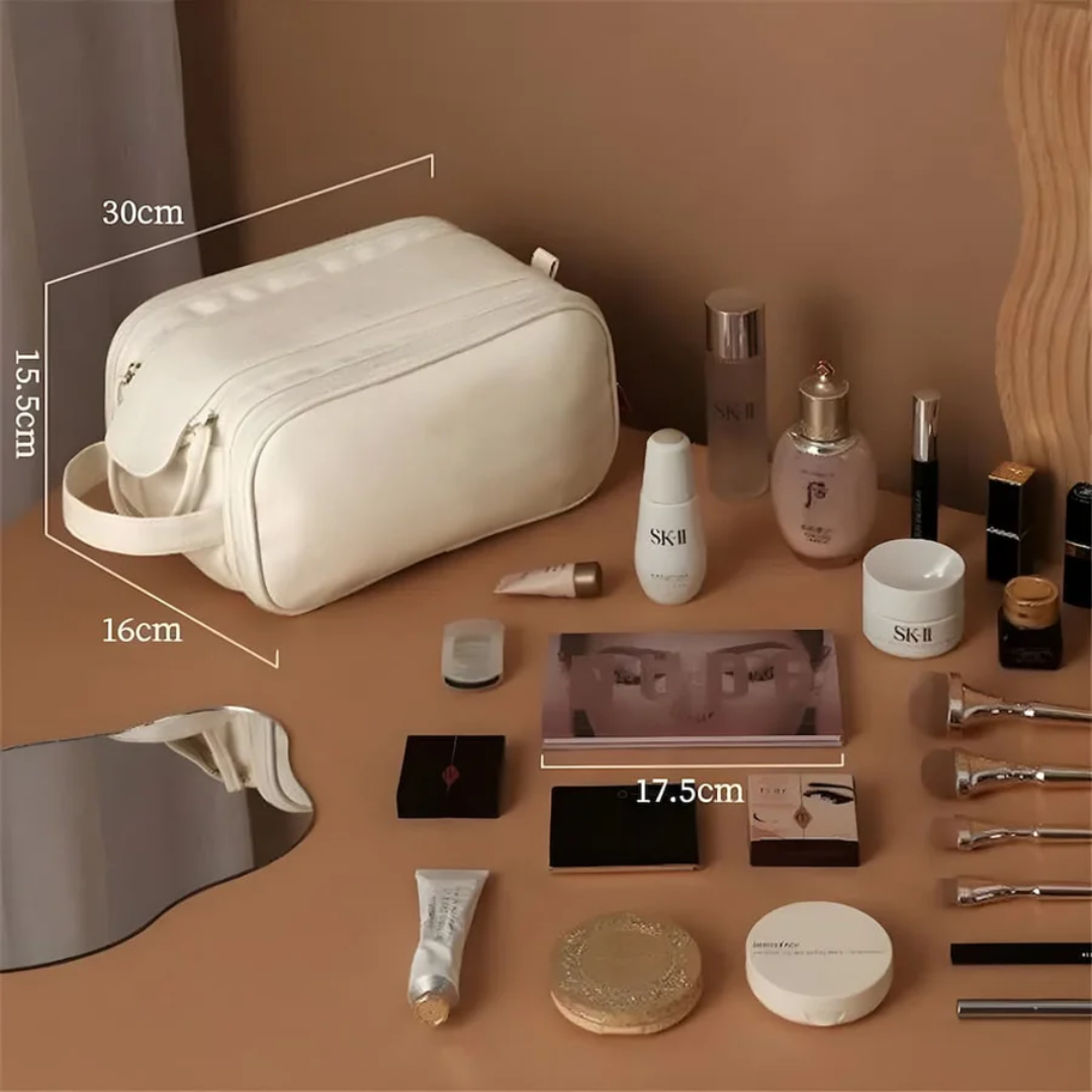 Stylish women's portable makeup organizer bag. Waterproof LuxeVault design for beauty on the go.