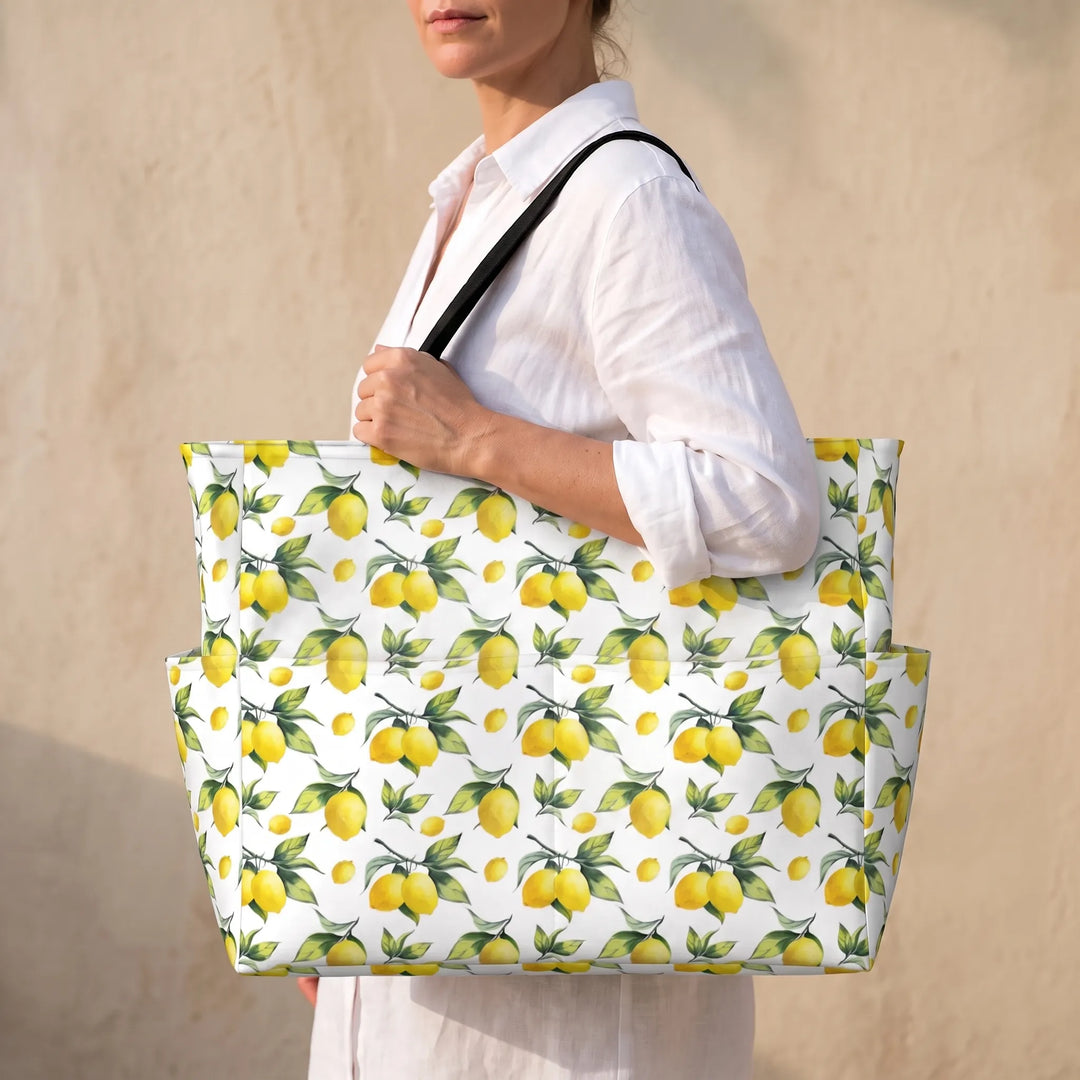 Women's large tropical print beach tote bag for summer vacation. Lemon pattern carryall for beach essentials.