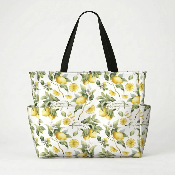 Women's large tropical print beach tote bag with sturdy handles. A durable summer essential carryall.