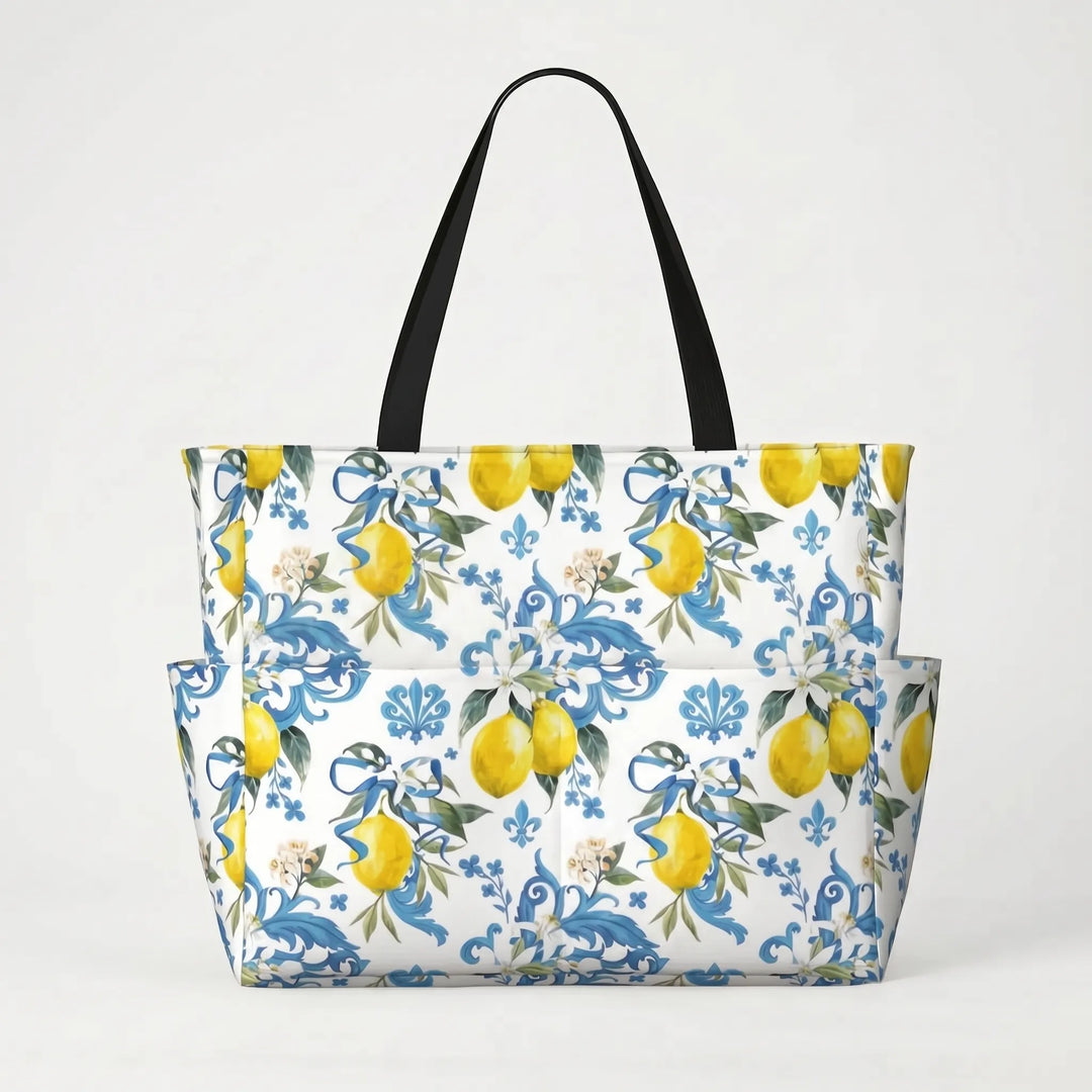 Women's large tropical lemon print beach tote bag. Spacious summer travel and vacation carryall.