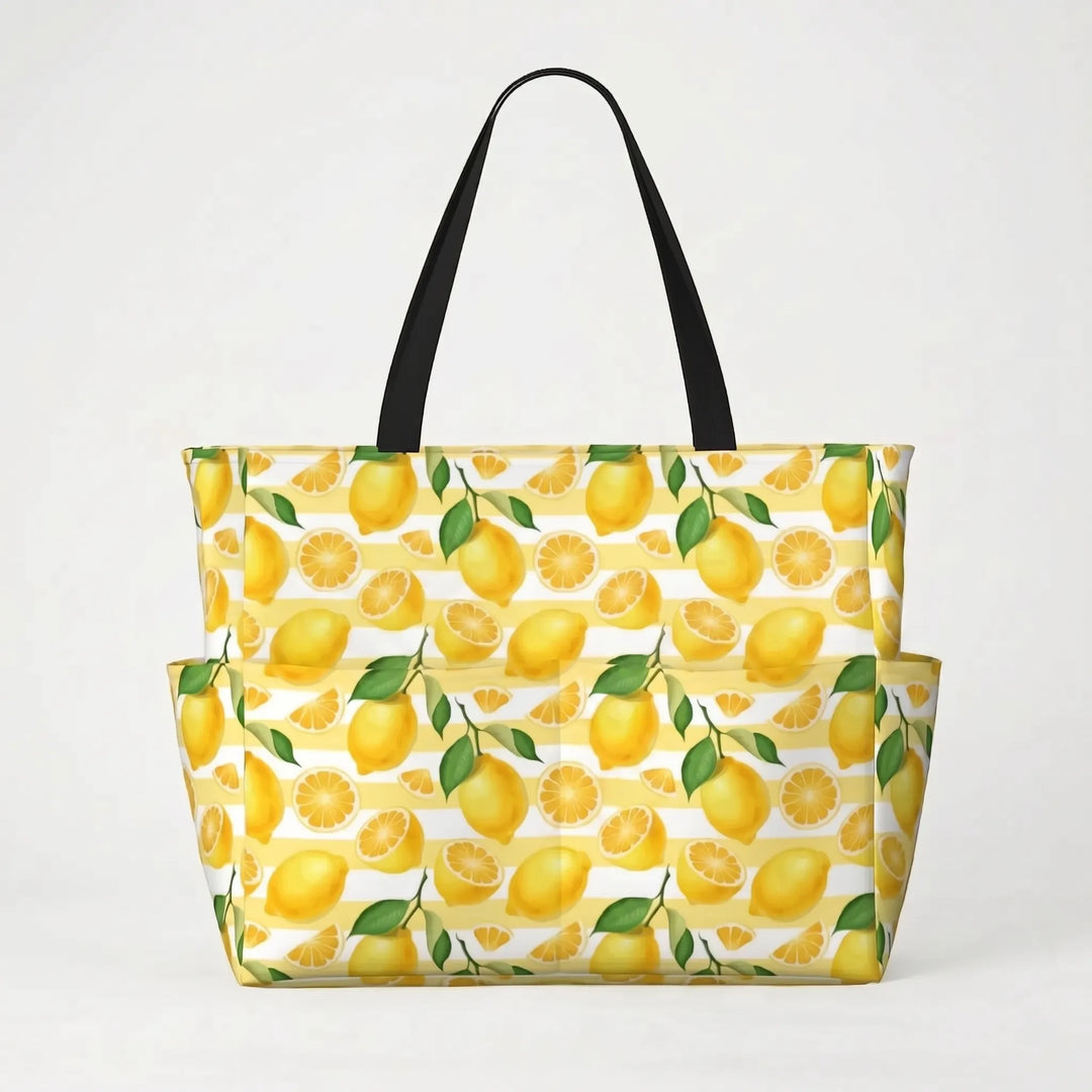 Vibrant tropical lemon print large beach tote bag for women. Summer travel essential & stylish carryall.