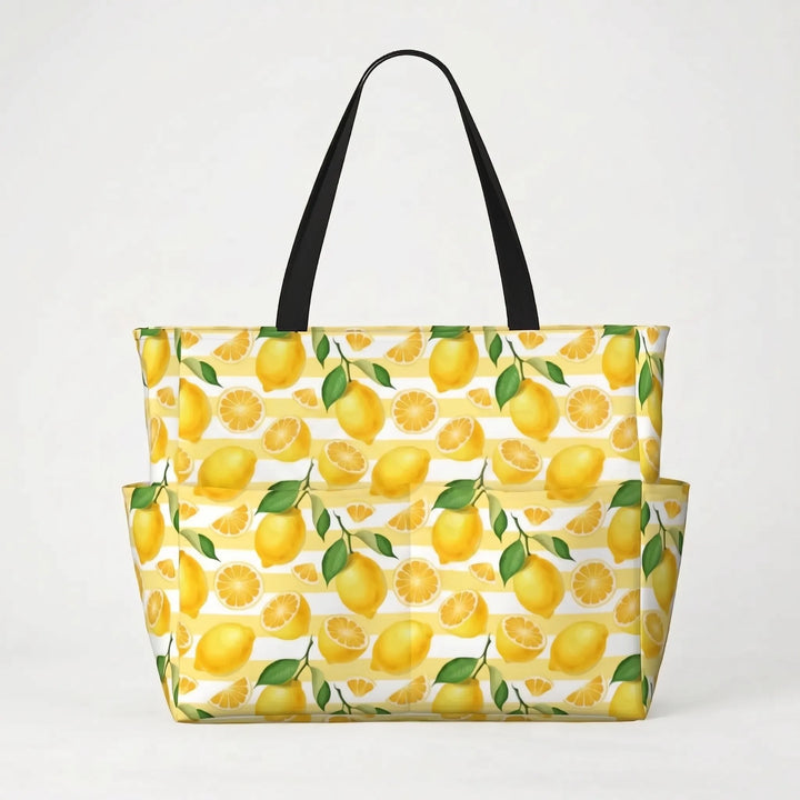 Vibrant tropical lemon print large beach tote bag for women. Summer travel essential & stylish carryall.