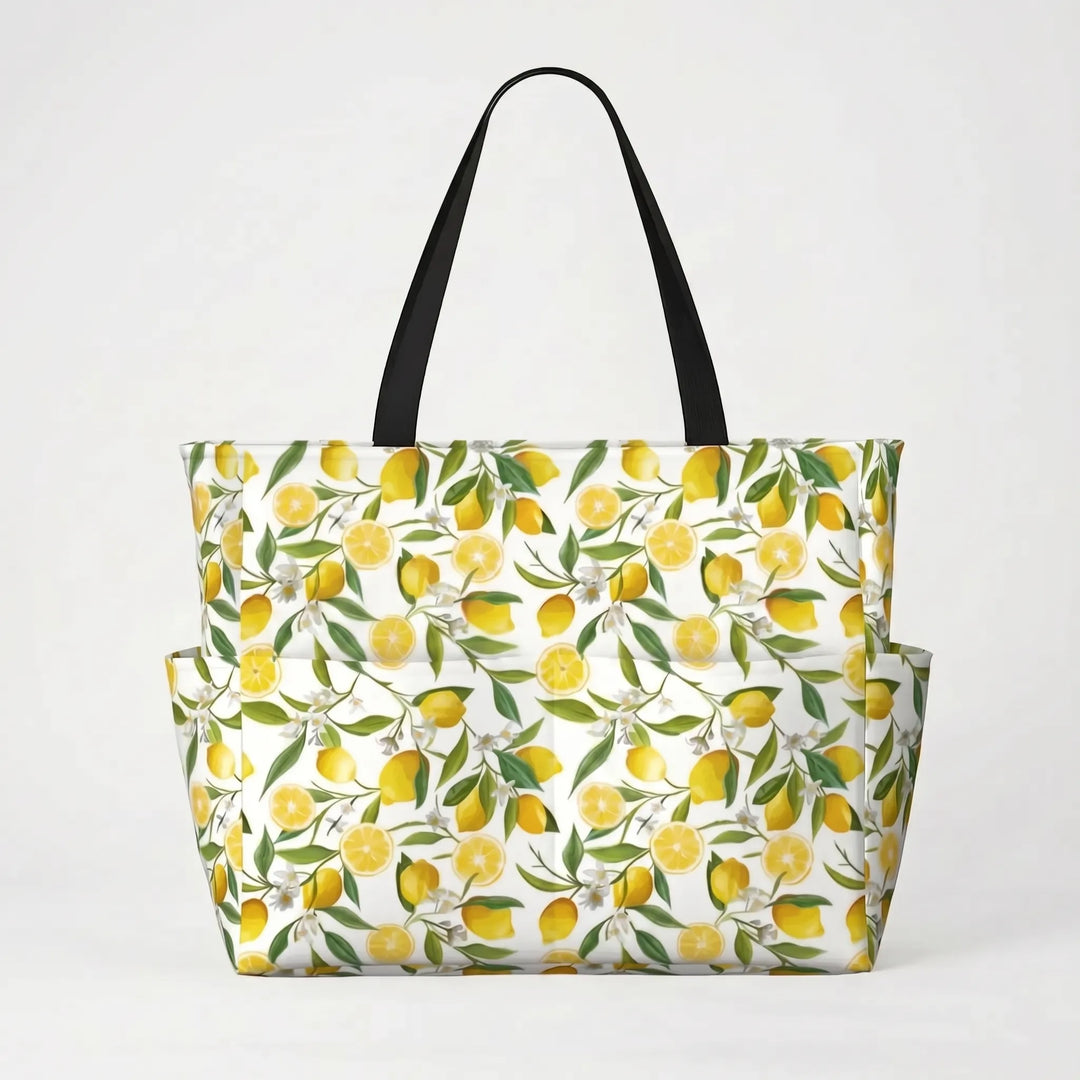 Women's large travel tote bag with tropical lemon print. Spacious carryall for summer vacations & beach trips.