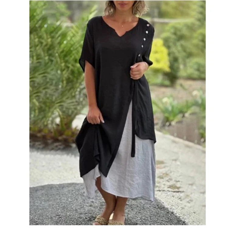 Comfortable women's short-sleeve V-neck layered midi dress. Relaxed fit for effortless summer style.