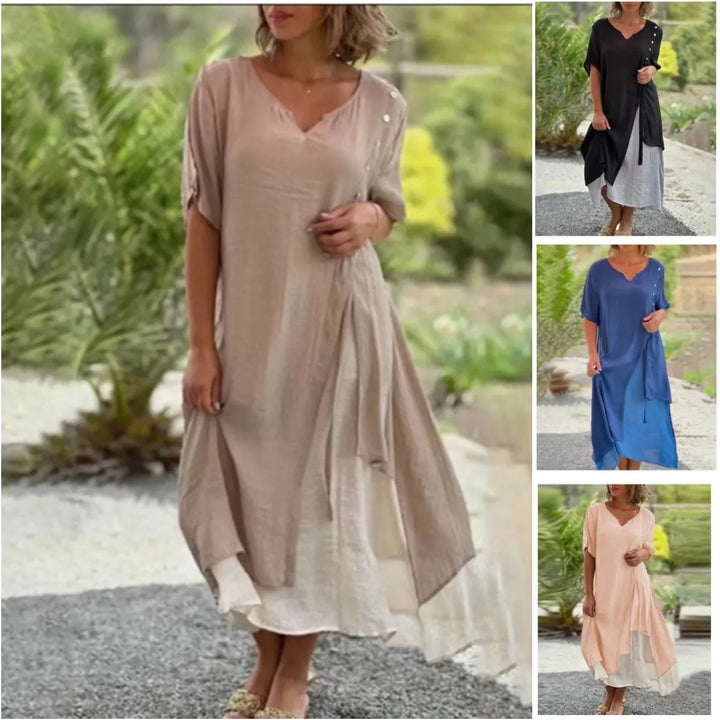 Stylish women's summer midi dress, layered design with V-neck & short sleeves. Great vacation wear.