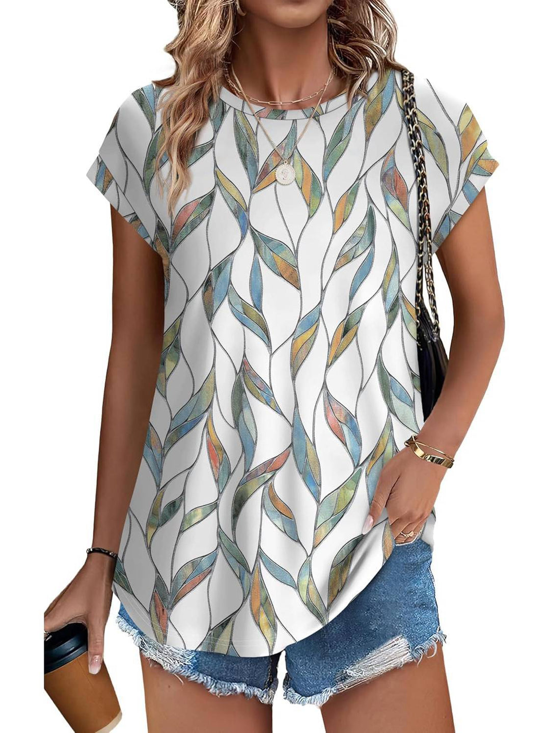 Women's leaf print casual top with crew neck, relaxed fit, perfect for everyday summer style.