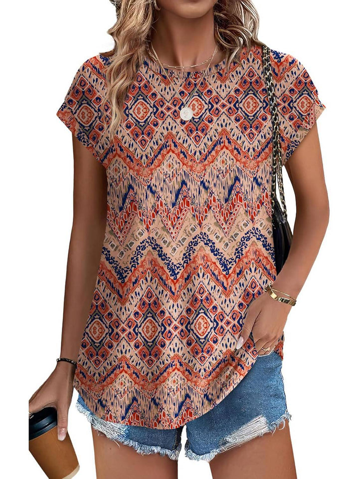 Comfortable women's cap sleeve blouse, featuring a stylish leaf print for casual spring wear.