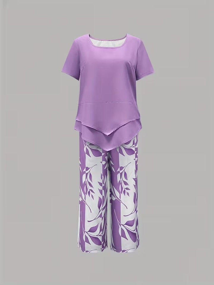 Bohemian-inspired women's leaf print two-piece set. Ideal for summer vacation & travel.