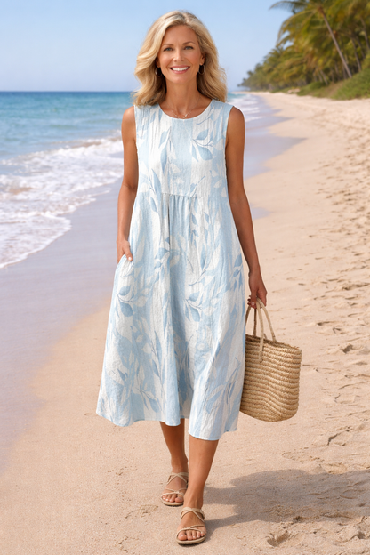 Women's Leafy Print Sleeveless Midi Dress, perfect for summer casual wear. Elegant & flowy design.