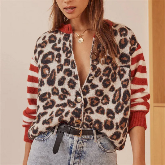 Women's leopard print cardigan, long sleeve, relaxed fit. Trendy statement outerwear.