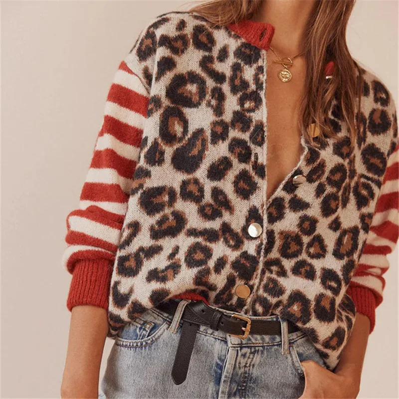 Chic women's cardigan with bold leopard print. Fashionable long sleeve layer.