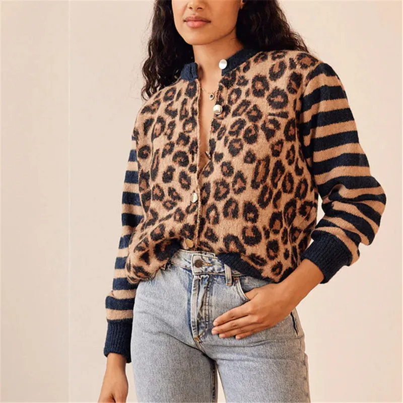Stylish women's long sleeve cardigan. Features bold leopard print. Chic everyday wear.