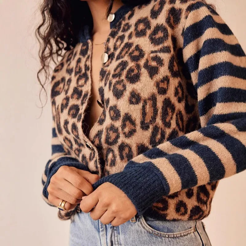 Fashionable women's leopard print statement cardigan. Relaxed fit & trendy design.