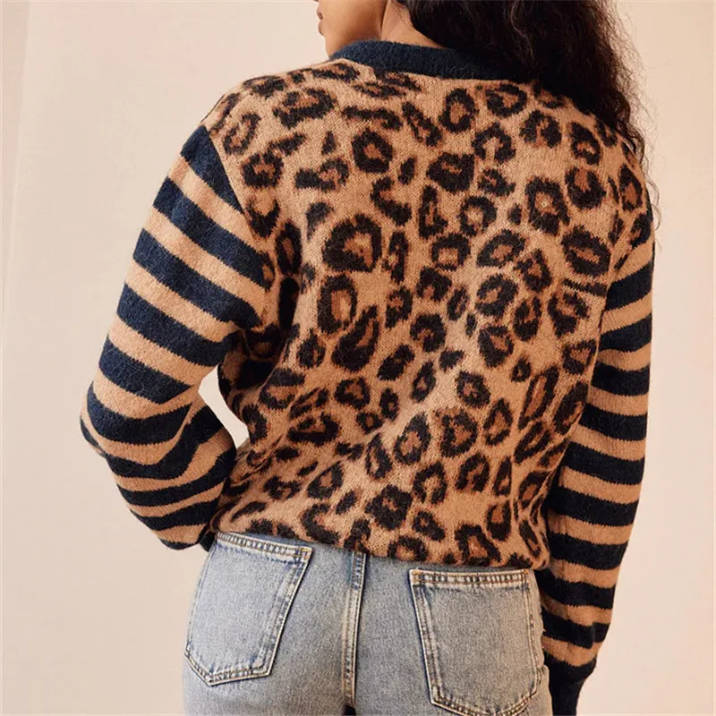Women's relaxed fit cardigan with vibrant leopard print. Long sleeve, chic fashion top.