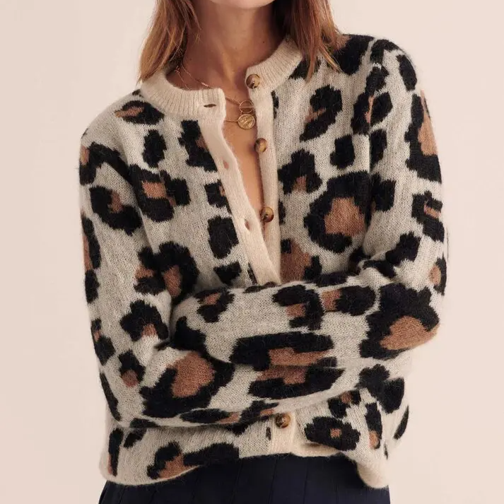 Chic long sleeve women's cardigan. Features a rebel leopard print. Relaxed, fashionable.