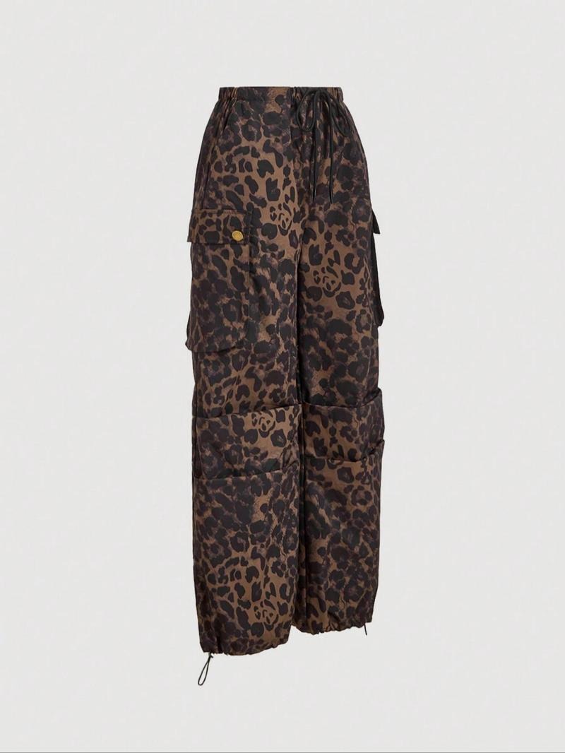 Women's leopard print cargo trousers with a stylish wide-leg fit, perfect for comfortable casual fashion.