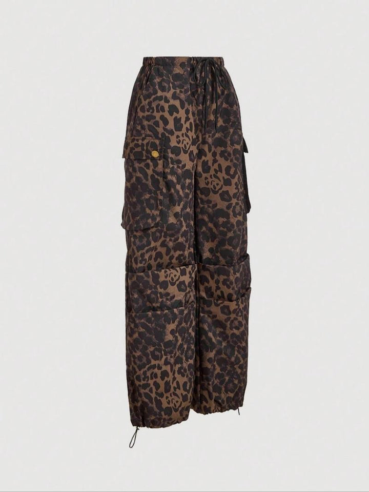 Women's leopard print cargo trousers with a stylish wide-leg fit, perfect for comfortable casual fashion.