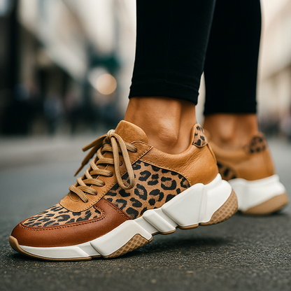 Women's leopard print comfort runners with orthopedic support, perfect for everyday wear and light jogging.