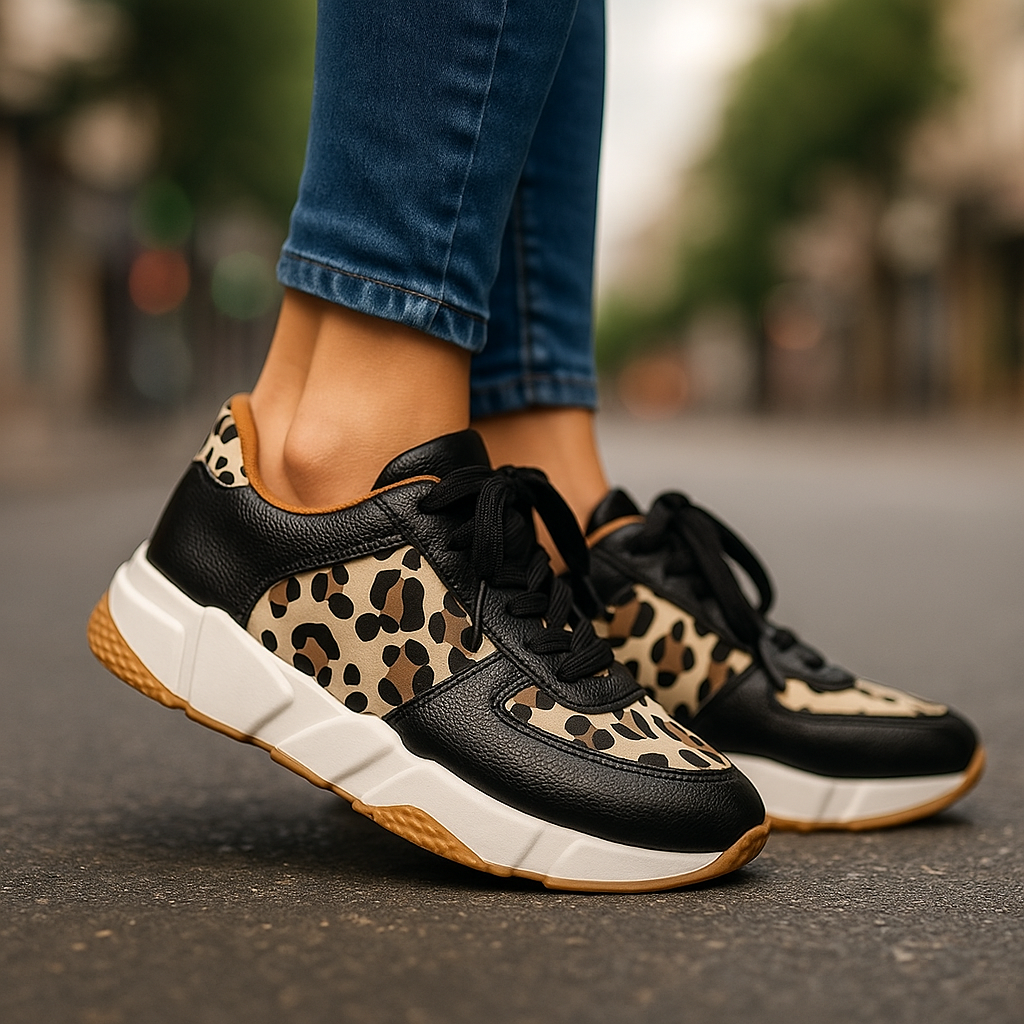 Stylish women's leopard print fashion sneakers with shock-absorbing soles for running & active lifestyles.