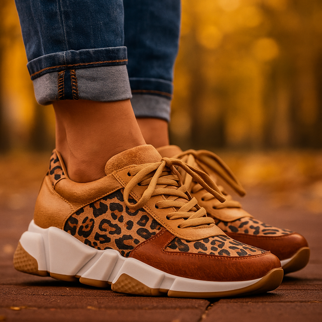 Comfortable women's leopard print casual sneakers, ideal for everyday wear and long-lasting support.