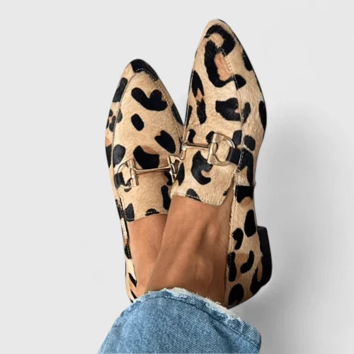Women's leopard print pointed toe flat loafers with gold horsebit. Stylish & comfortable slip-on animal print shoes.