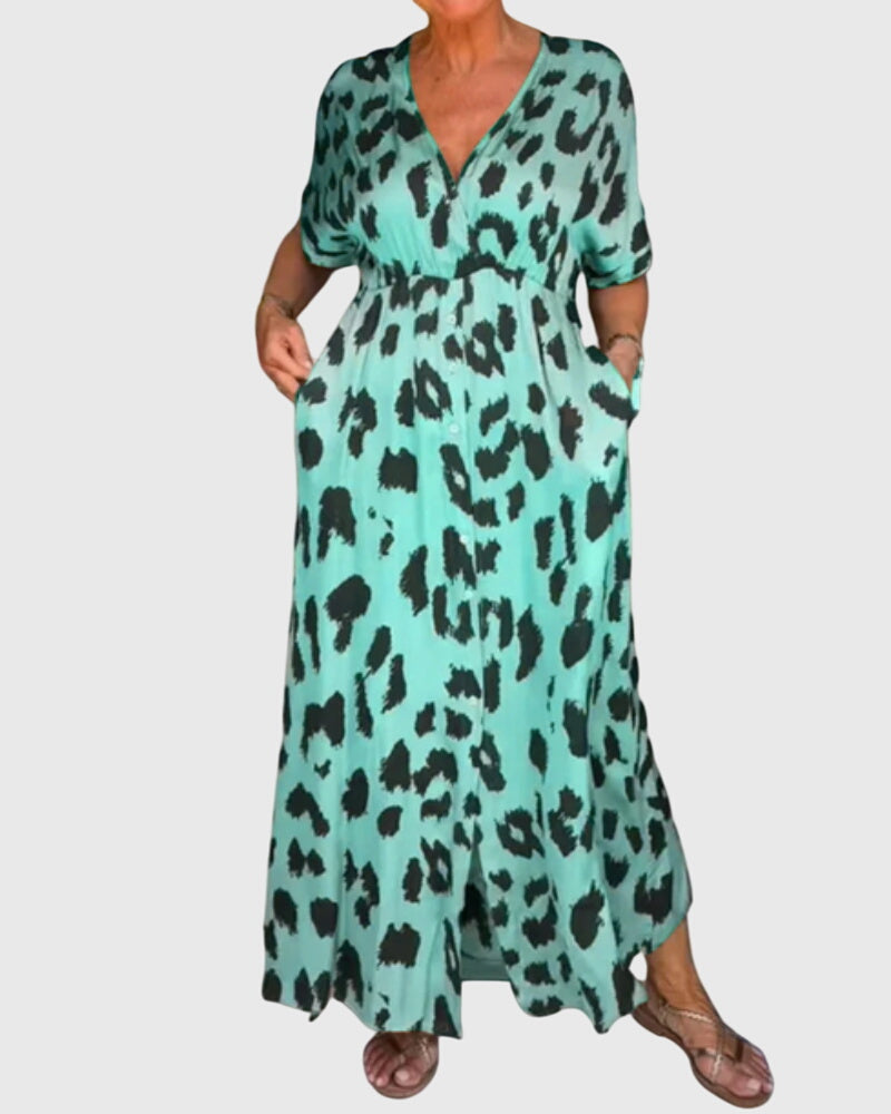 Comfortable women's leopard print V-neck maxi dress featuring a stylish button front and elastic waist.