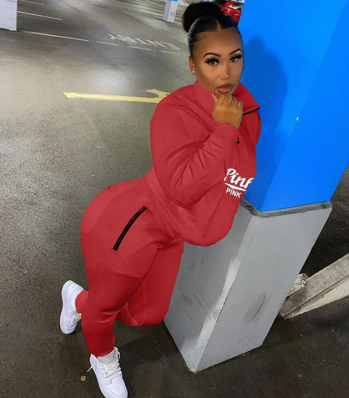 Versatile women's letter print athletic outfit, a cozy two-piece for active or casual wear.