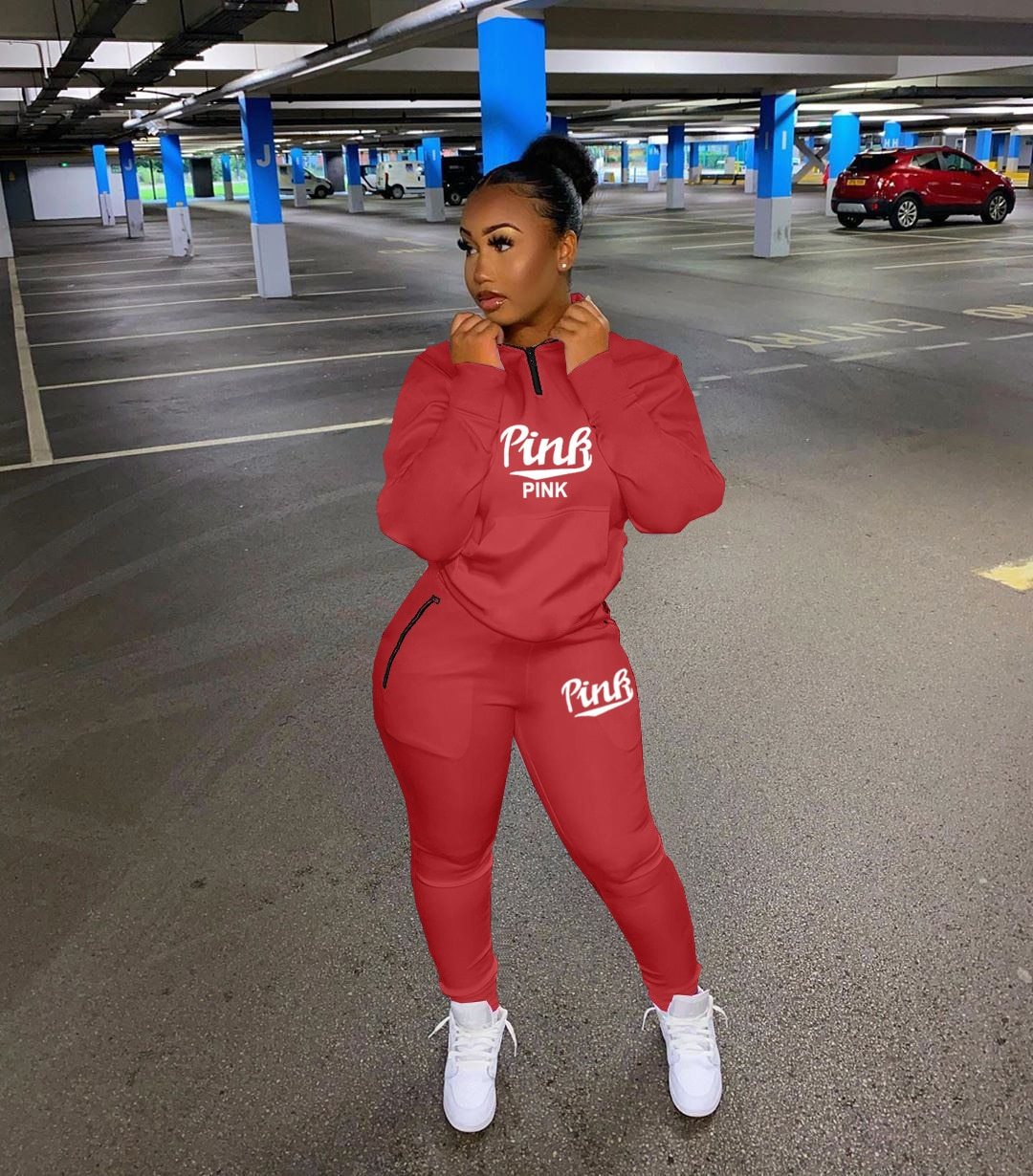 Women's matching letter print tracksuit, a cozy two-piece jogger set for casual wear.