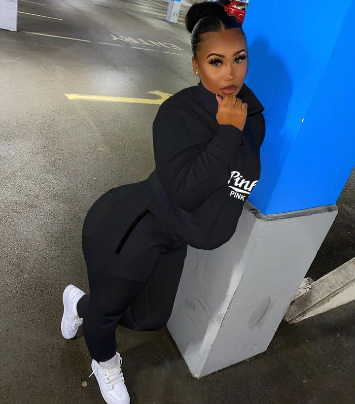 Trendy women's letter print jogger set, an essential matching activewear and casual outfit.