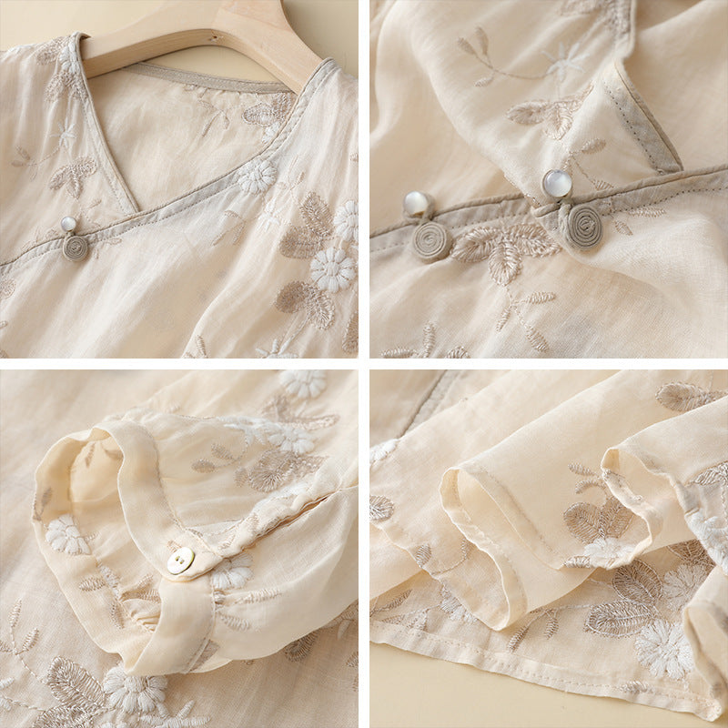 Bohemian vintage style women's embroidered long sleeve asymmetrical blouse in soft peach. Elegant summer top.