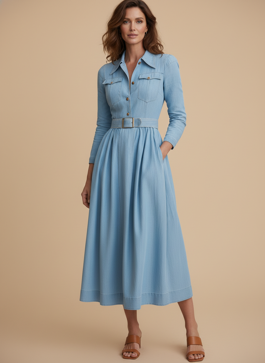 Women's light blue belted denim midi dress with long sleeves & button front. Casual elegant fit & flare A-line style.