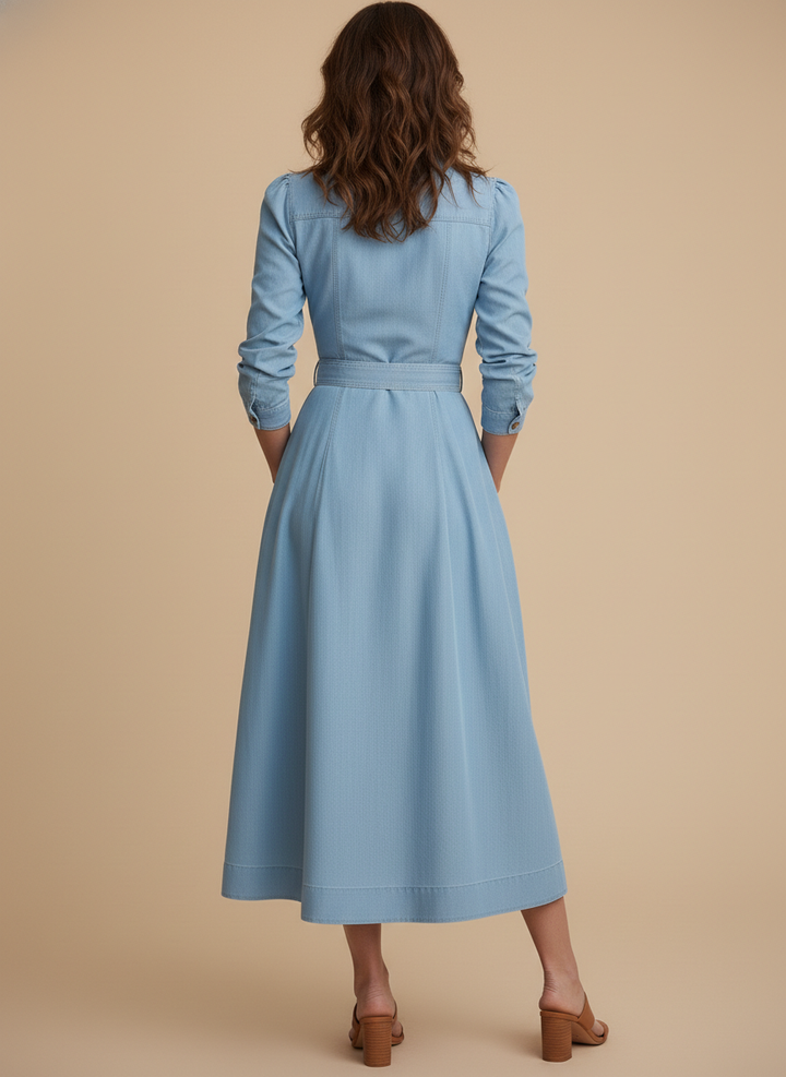 Versatile women's long sleeve belted denim shirt midi dress. Features button front, collar & A-line silhouette.
