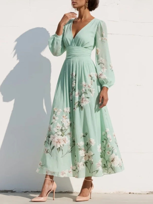 Elegant women's light green floral midi dress, V-neck, pleated, A-line, ideal for spring parties & special events.