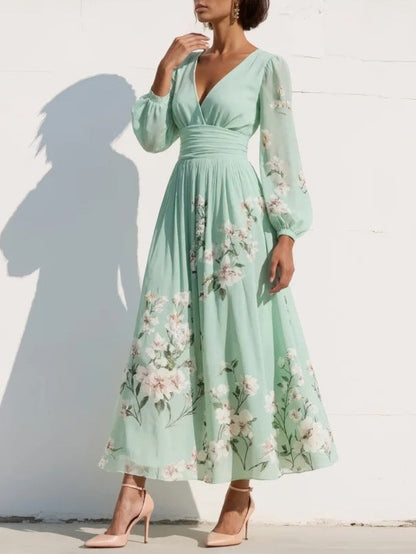 Elegant women's light green floral midi dress, V-neck, pleated, A-line, ideal for spring parties & special events.