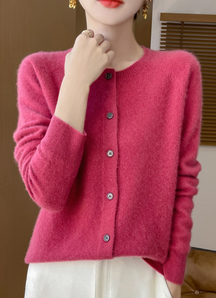 Classic women's crew neck cardigan with button-down front, soft knit fabric, a versatile & lightweight fashion piece.