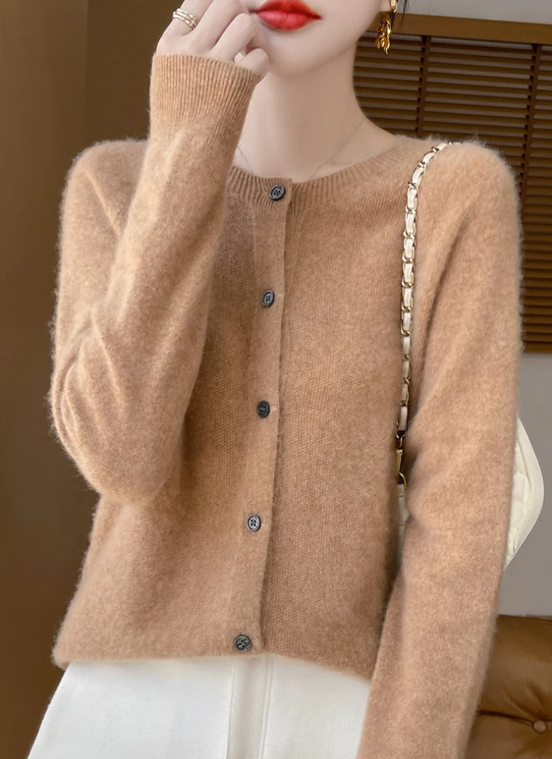 Soft knit women's crew neck cardigan, a classic button-down layering piece for all-season versatile casual wear.