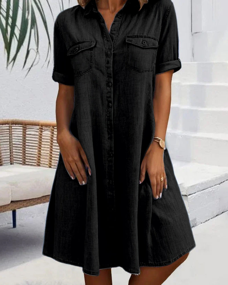 Versatile women's button-down denim-look shirtdress, ideal for everyday comfort & fashion.