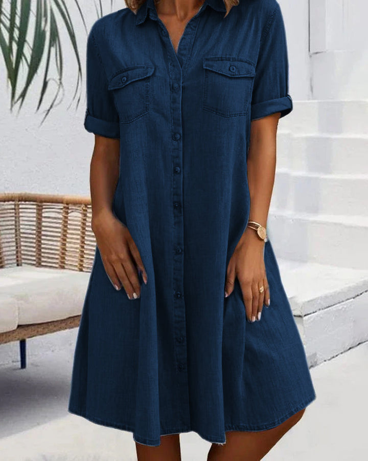 Comfortable lightweight women's denim-look shirtdress, great for spring and summer effortless style.